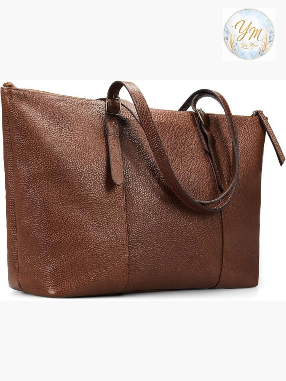 Vintage Genuine Leather Work Tote Bag Large with Zipper Compartment